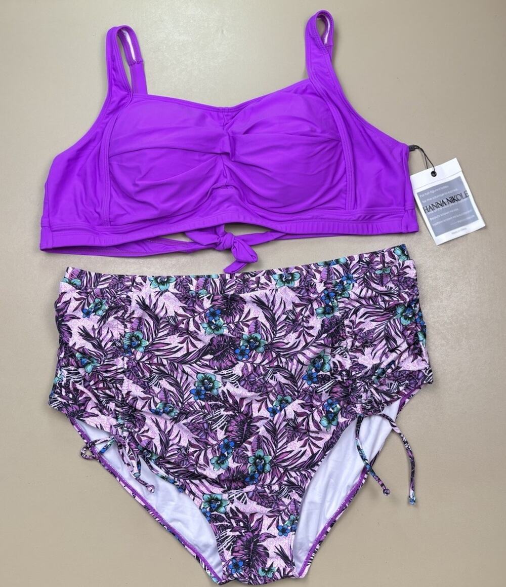 Hanna Nikole Bikini Set 24W Purple High Waist Swim Floral Bottom NWT